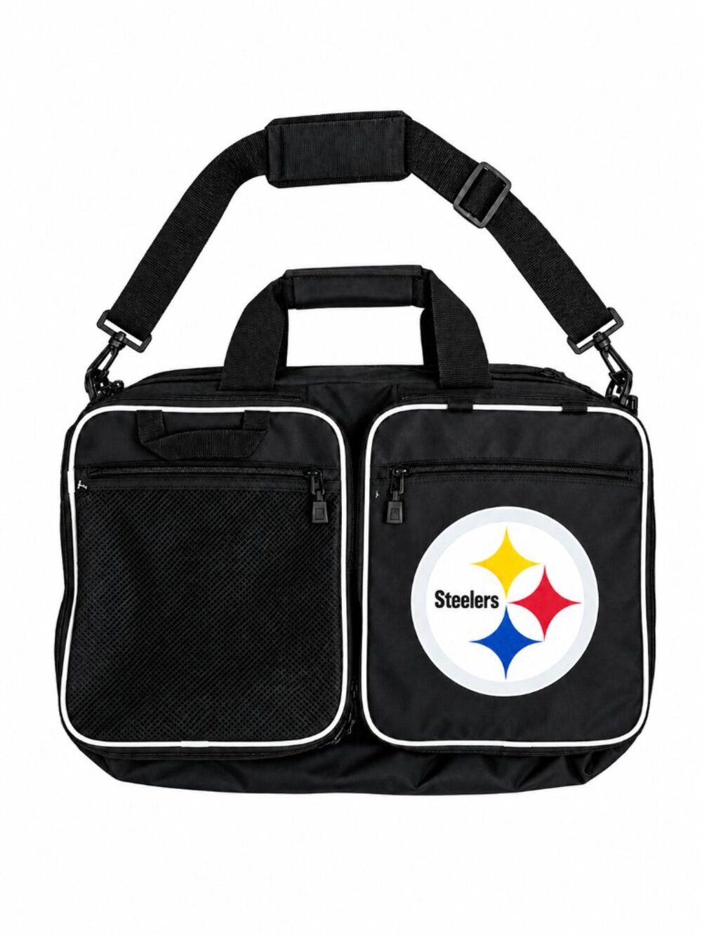 Pittsburgh Steelers Black Duffle Bag Team Logo Outer Pockets Strap NWOT